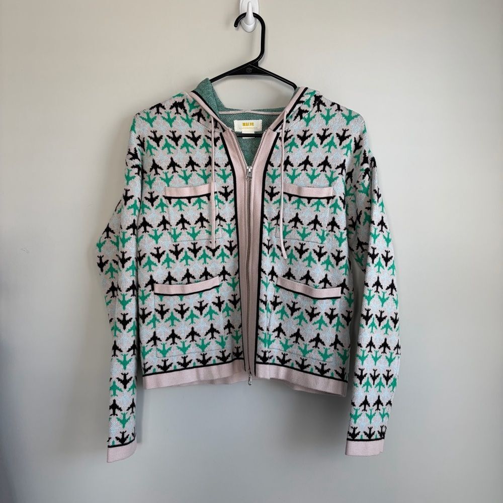 Maeve Harriet Airplane Knit Print Full Zip Hooded Cardigan Sweater
